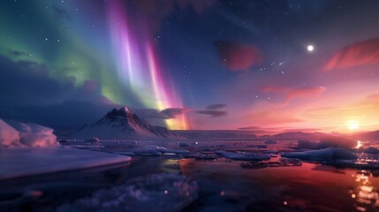 Vibrant aurora borealis over snowy mountains and icy sea at sunset.