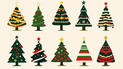 Obraz premium Playful cartoon style Christmas trees adorned with colorful decorations and unique designs in a seamless pattern on a cream background evoking joy and creativity in festive illustrations