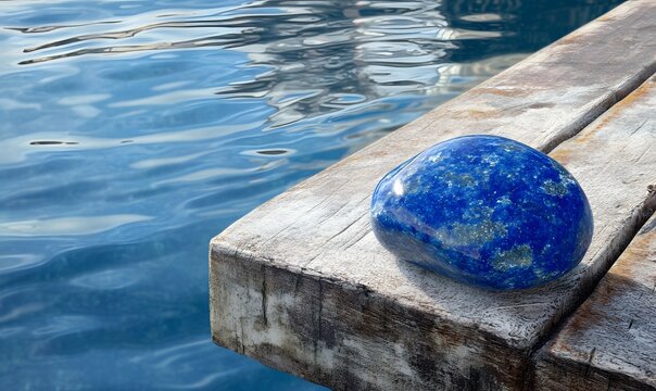 Polished lapis lazuli stone on weathered wood dock above blue water.
