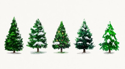 Obraz premium Collection of realistic evergreen trees in varying shapes and sizes on a clean white background capturing the beauty of natural holiday symbols in high quality illustration