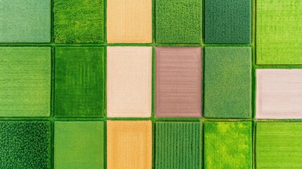 Aerial View of Agricultural Fields: A patchwork of vibrant green, beige, and brown fields creates a captivating geometric pattern from above.