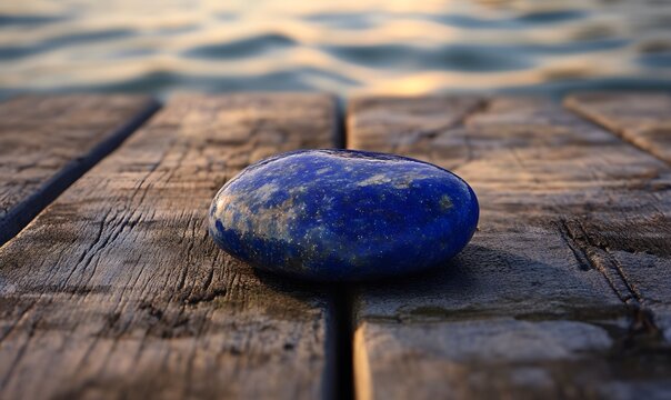 Polished lapis lazuli stone on weathered wooden dock at sunset.