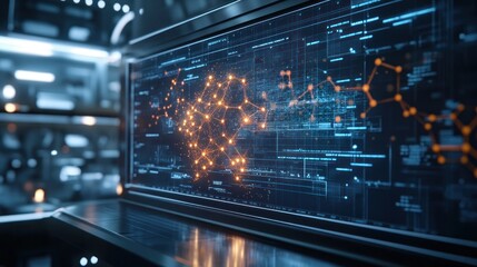 A 3D rendering of chemical molecular structures on a screen in a high-tech laboratory