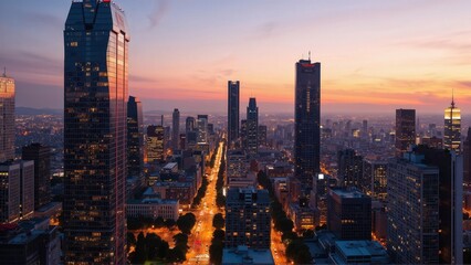 Naklejka premium Generative AI, Golden Hour Skyline over a Modern Metropolis