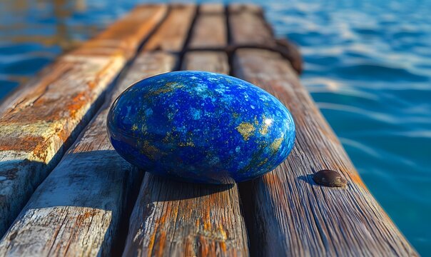 Smooth blue lapis lazuli stone rests on weathered wooden dock over water.