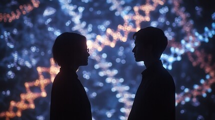 A DNA strand hologram projected in front of a geneticist, with molecular structures in the background