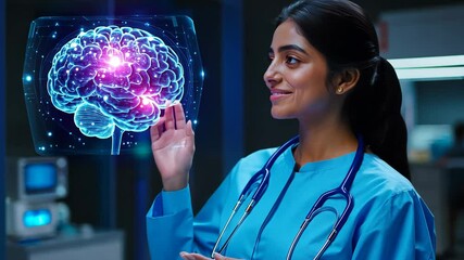 A skilled female medical professional uses advanced equipment and has a digital brain in a hightech setting, symbolizing the crucial connection between healthcare and evolving technology - Powered by Adobe