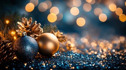 Festive decorations with ornaments and sparkling lights.