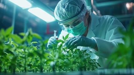 A scientist performing genome editing experiments on plant cells under controlled laboratory conditions