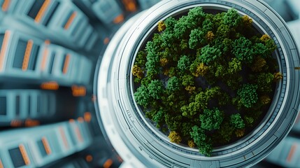 A futuristic jar displays vibrant greenery, symbolizing nature amidst a high-tech environment, merging organic and digital worlds.