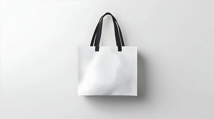 White tote bag with black handles against a white background.