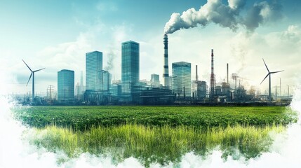 Obraz premium Urban Landscape with Industrial Influence, Green Fields, and Wind Turbines Highlighting Sustainability and Environmental Impact in Modern Development