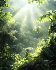 Fototapeta premium Lush tropical forest with sunlight filtering through dense foliage.