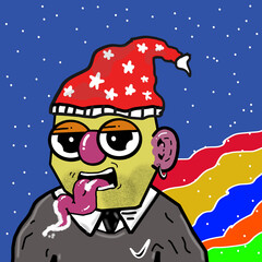 Christmas character cartoon with snow, rainbow and bright night background