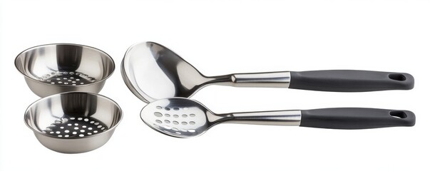 Stainless steel kitchen utensils including ladle and strainers