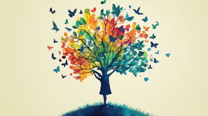 Fototapeta premium Vibrant Tree of Life Illustration with Colorful Leaves, Fluttering Butterflies, and Silhouetted Figure Embracing Nature's Beauty in a Whimsical Setting