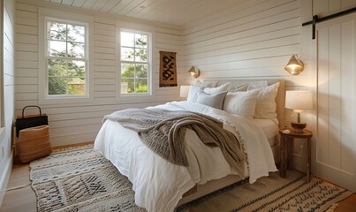 White wooden siding adorns this quaint clapboard house, leading to a warm and inviting bedroom interior