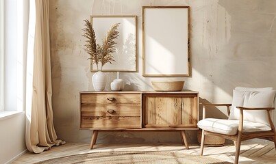 Vintage charm meets modern decor with a wooden dresser, framed art, and soft, elegant lighting