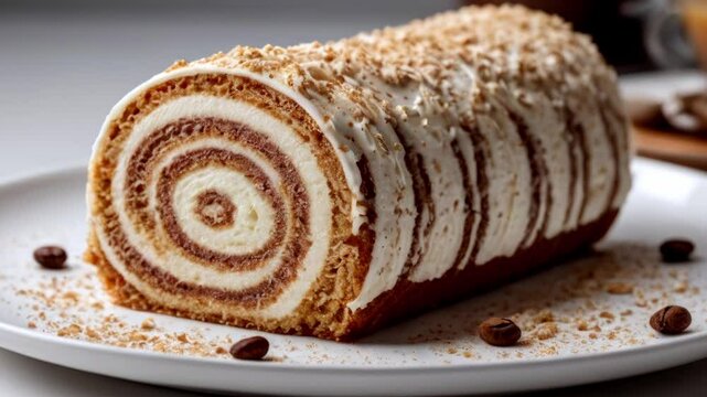Cappuccino roll cake on the rectangle white plate over a white background