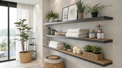 Sleek floating shelves line one side showcasing an array of neatly arranged decorative items plants and folded towels enhancing both style and functionality.