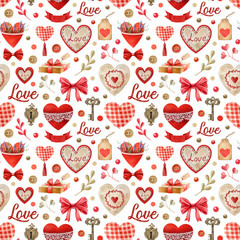 Romantic mood seamless pattern. Watercolor illustration Hand drawn vintage style hearts, romantic elements on white background. Perfect for love themed designs, gift packaging, wrapping paper print