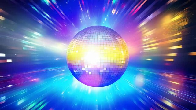Disco ball or mirror ball in rainbow neon light on colorful dark background with lights and sparkles. Music and dance party background. Trendy party symbol. Abstract retro 80s and 90s concept