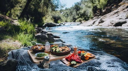 Riverside Picnic Featuring Delicious Food and Stunning Scenery