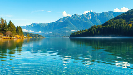 Fototapeta premium Sparkling lake water with crystal clear ripples on its surface, reflecting surrounding trees and sky, outdoor scene, lake ripples, serene landscape