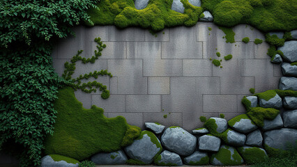 Stone wall with overgrown vegetation and moss, foliage growth, abandoned structure
