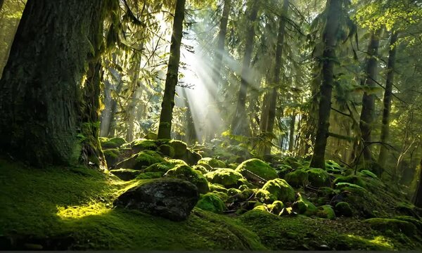 Cinematic Dolly Out Dense Green Forest With Fresh Moss Floor