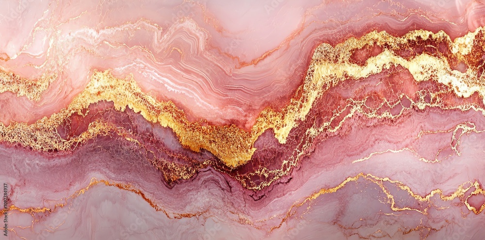 Poster a vibrant abstract design featuring pink and gold swirling patterns.