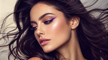 Naklejka premium An enchanting image of a woman with dark flowing hair and accentuated cheekbones. The classic makeup consists of soft browns and golds harmonizing beautifully with her skin tone.