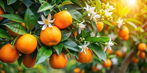 Orange tree with ripe fruits and fragrant orange blossoms, orange, tree, fruit, ripe, citrus, harvest, orchard, sunny, garden