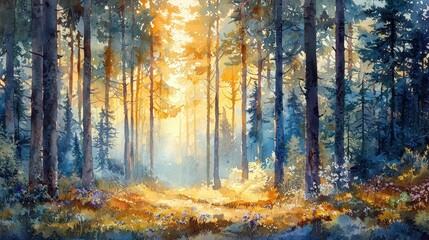 Fototapeta premium A captivating watercolor forest scene with golden sunlight streaming through towering trees. The forest floor is covered with moss and wildflowers, adding texture and richness. The composition 