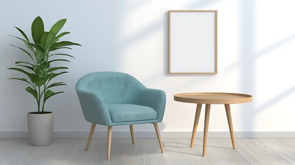 Frame mockup in living room with cozy chair and table modern minimalist design bright atmosphere
