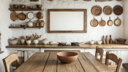 Rustic Kitchen With Wooden Tableware and Blank Frame
