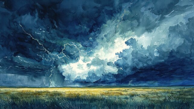 A dramatic watercolor depiction of a thunderstorm rolling across a vast prairie. Dark clouds painted in shades of gray and blue are illuminated by streaks of lightning. The contrast between 