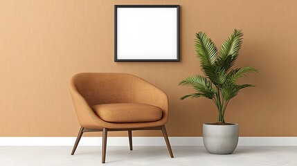 Fototapeta premium Frame mockup in living room with cozy chair and plant on beige wall interior design scene