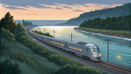 A futuristic electric train moving seamlessly along a scenic riverside route.