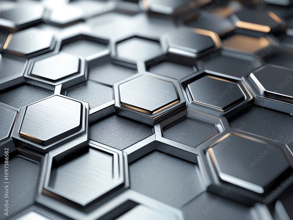 Wall mural a close-up of a textured hexagonal metal surface with a shiny finish.