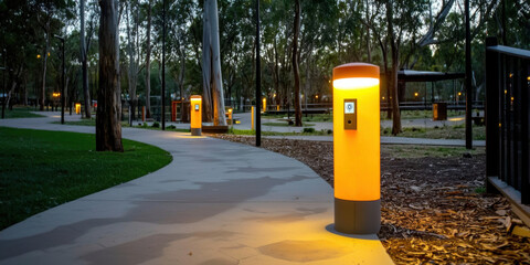 Urban park with illuminated paths and emergency call stations, creating safe atmosphere