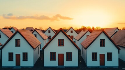 Sunset Suburbia: Aerial view of a picturesque neighborhood of identical houses bathed in the warm...