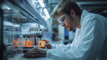 Scientists using 3D printers to create medical prosthetics in a modern workshop environment
