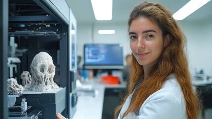 Scientists using 3D printers to create medical prosthetics in a modern workshop environment