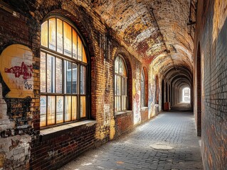 Fototapeta premium Exploring a Historic Brick Warehouse with Arched Windows Urban Setting Architectural Vibrant Atmosphere Perspective Focused Details