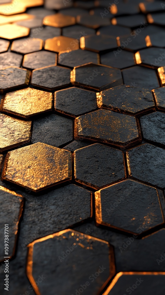 Poster A close-up view of hexagonal tiles with a shiny, metallic finish reflecting light.