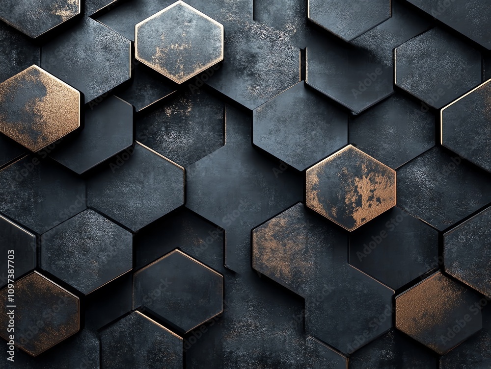 Poster a textured wall featuring hexagonal panels with metallic and dark finishes.