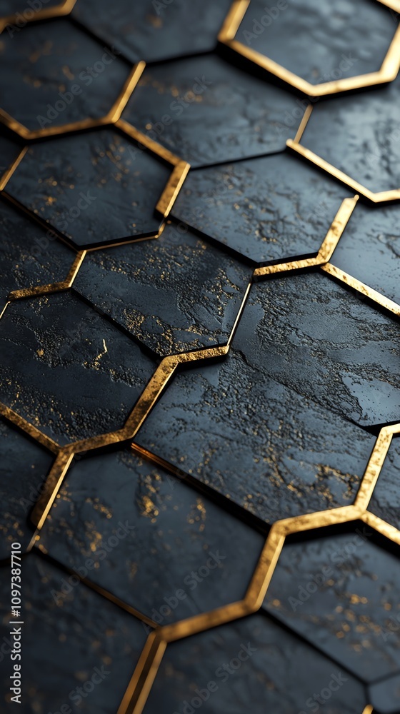 Aufkleber a close-up of hexagonal tiles with a textured dark surface and gold accents.