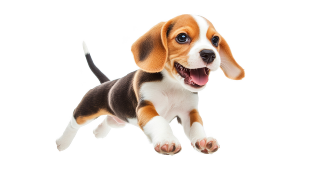 Puppy jumps in mid air, playful beagle puppy joyfully leaps with excitement, showcasing its energetic spirit and adorable features. This lively dog embodies happiness and playfulness