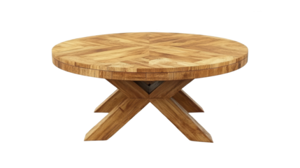 Round wooden coffee table, geometric surface pattern, crossed leg base, natural finish, contemporary home decor. Isolated on white background or PNG